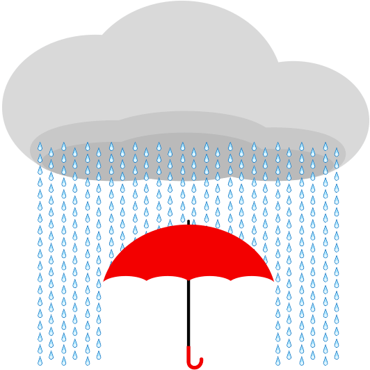 赤い傘の上に、雨雲から大量の雨が落ちているイラスト