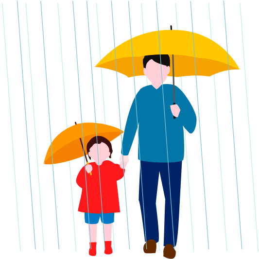 梅雨の日に、父と娘が傘をさして外出しているイラスト