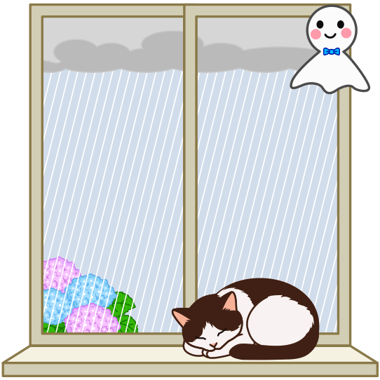 てるてる坊主と猫が眠る窓の外は、雨が降っているイラスト