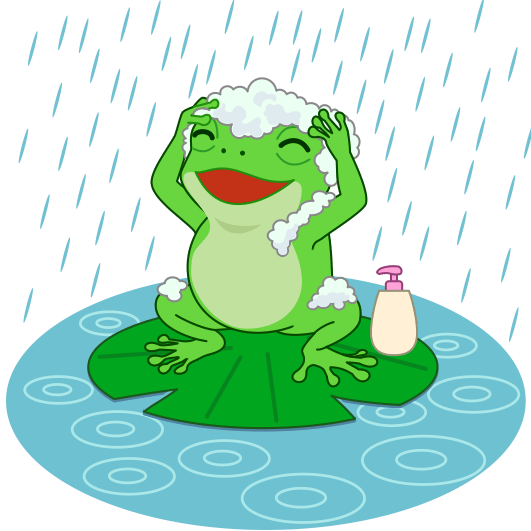 梅雨のシャワーを浴びてシャンプーしているアマガエルのイラスト