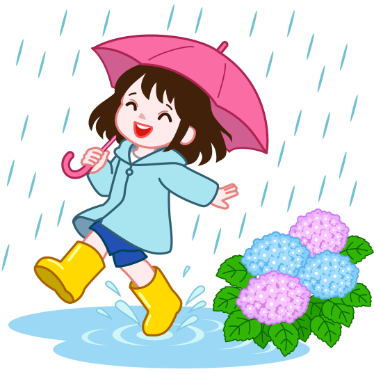 長靴でスキップして雨降りを楽しんでいる女の子のイラスト