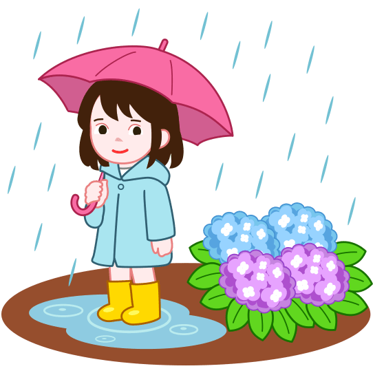 雨の中、傘をさした女の子がアジサイを見ているイラスト