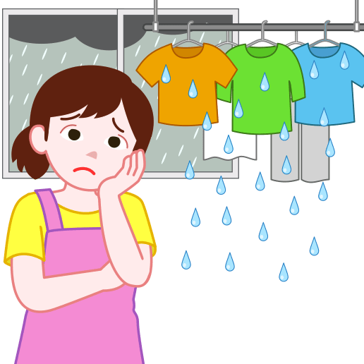 梅雨時は、部屋干しの洗濯物が乾かないので困り顔の主婦のイラスト