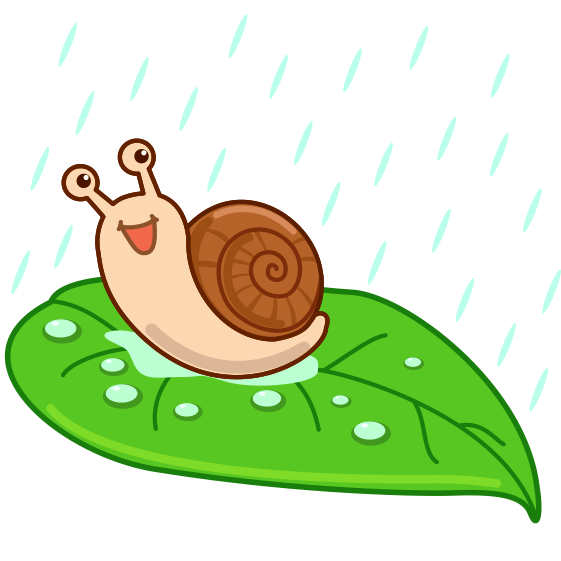 葉の上で雨を浴びてうれしそうな梅雨時期のカタツムリのイラスト