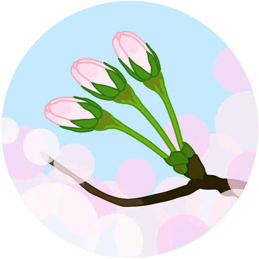 満開の桜の花に囲まれた可憐な蕾のイラスト
