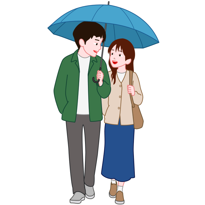 若いカップルが雨の日に相合傘で歩いているイラスト