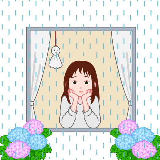 つまらなそうな顔をして雨降りの窓の外を眺めている少女のイラスト