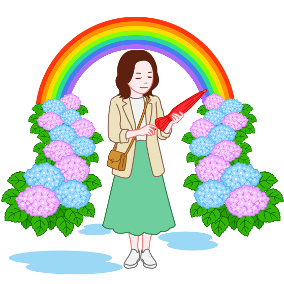 雨上がりに虹が出たので傘を畳んでいる女性のイラスト