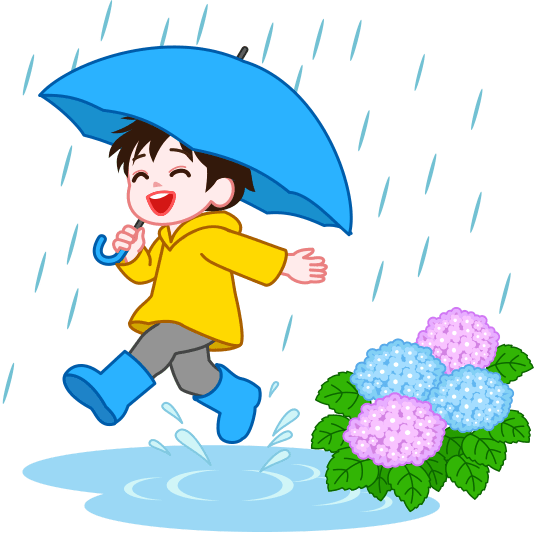雨降りに傘をさして、楽しそうに長靴でスキップしている男の子のイラスト