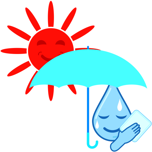 太陽が照り出したので梅雨の雨粒君が日傘をさして汗を拭いているイラスト