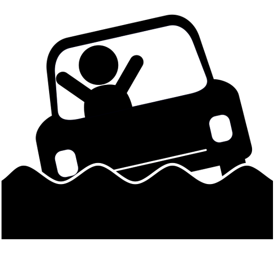 道路冠水注意のアイコン|白・黒の図