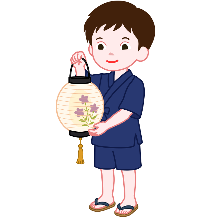 玄関にさげる盆提灯（お迎え提灯）の準備をしている男の子のイラスト