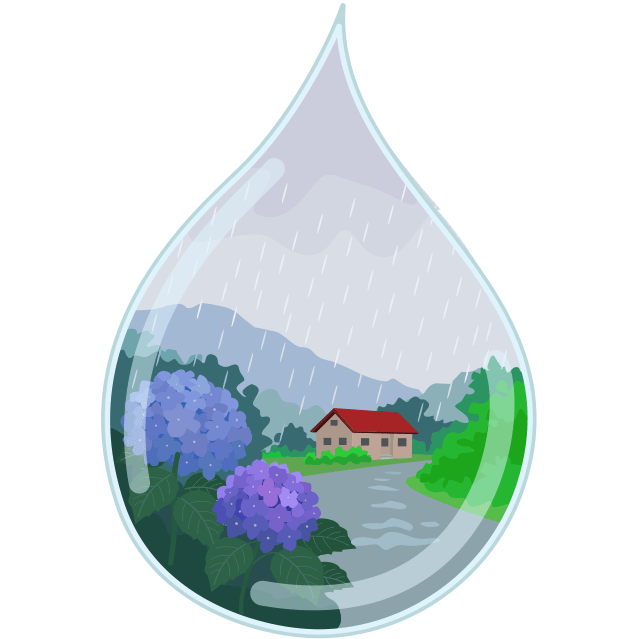 雨粒に映りこんだ山里の梅雨風景