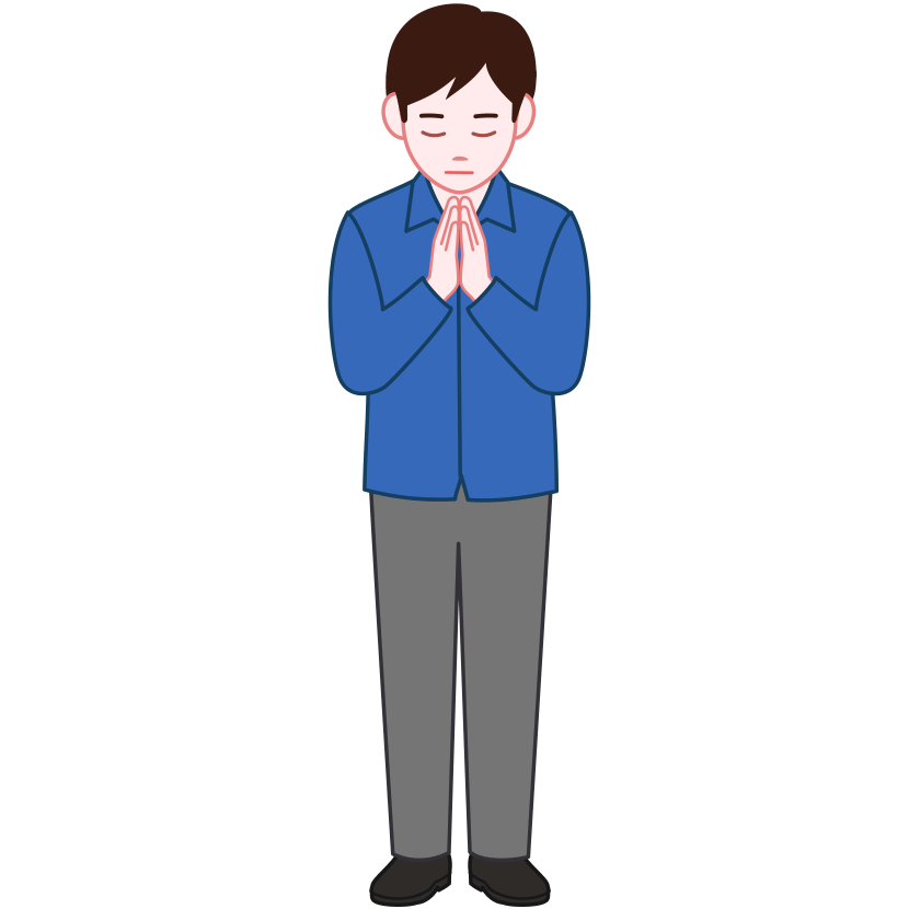 目を閉じて合掌している男性の正面イラスト