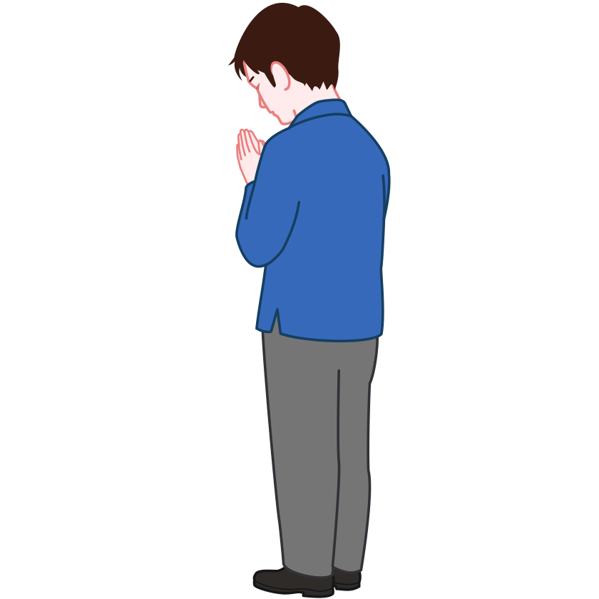 手を合わせて祈っている男性の斜め後ろ姿のイラスト