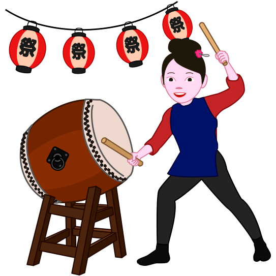 力強く太鼓を叩いているお祭り女子のイラスト