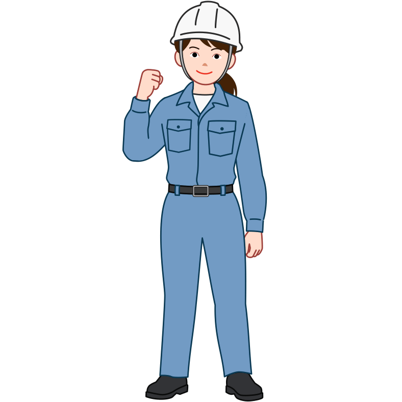 笑顔でガッツポーズの女性工事作業員のイラスト
