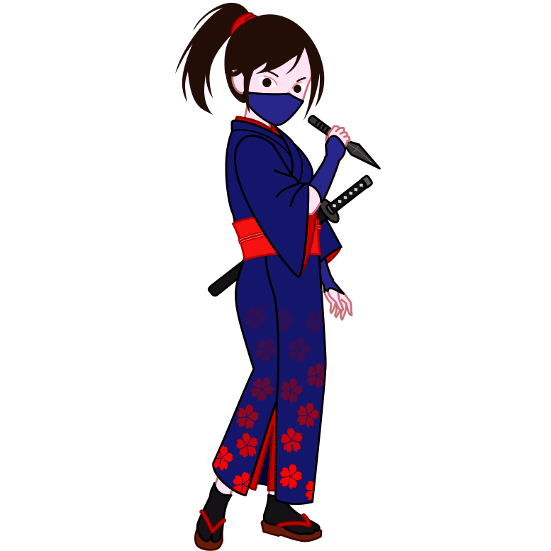 Clip art of a female ninja wearing a kimono and holding a shuriken