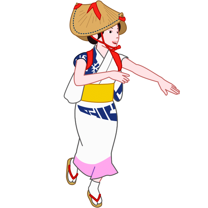 Illustration of a female dancer from the Kuroishi Yosare dance wearing a yukata and a amigasa
