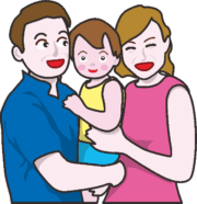 若い夫婦と子ども 子どもを真ん中にはさんで抱っこしている若い夫婦のイラスト