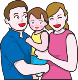 若い夫婦と子ども 子どもを真ん中にはさんで抱っこしている若い夫婦のイラスト