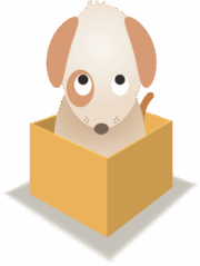 箱に入ってしょげている子犬のイラスト