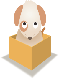 箱犬 箱に入ってしょげている子犬のイラスト