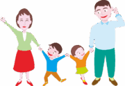 4人家族 笑顔で手をつないでいる4人家族のイラスト