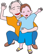祖父と孫 笑顔で手を振っているお爺さんと孫のイラスト