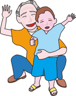 祖父と孫 笑顔で手を振っているお爺さんと孫のイラスト