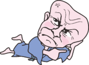 「こっち!」爺さん 寝転んで「こっちだよ!」と指差している爺さんのイラスト