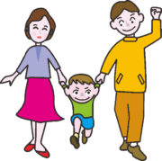 両親の腕にぶら下がって楽しそうにしている男の子のイラスト