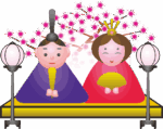 桃の木を背景にしたかわいいお雛様のイラスト
