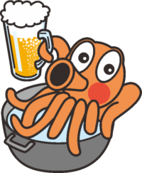 鍋に入ってジョッキを差し上げているタコのイラスト