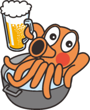 鍋に入ってジョッキを差し上げているタコのイラスト