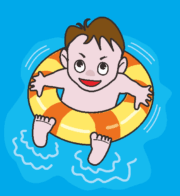 海で浮き輪遊びをしている男の子のイラスト