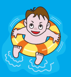 海で浮き輪遊びをしている男の子のイラスト
