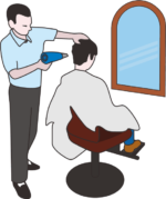 理容師とお客さんのイラスト 洗髪後の髪の毛をドライヤーで乾かしている理髪店のイラスト