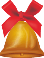 赤いリボンと金色のクリスマスベルのイラスト画像