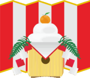 紅白の屏風の前の鏡餅のイラスト画像