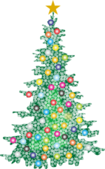 クリスマスツリー モミの木をカラーボールと雪の結晶で飾ったクリスマスツリーのイラスト画像