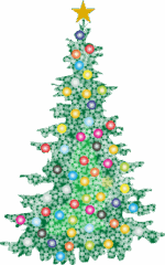 モミの木をカラーボールと雪の結晶で飾ったクリスマスツリーのイラスト画像