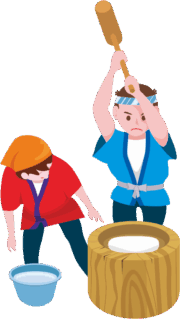 木製の杵と臼で正月用の餅をついている光景のイラスト