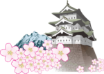 弘前城と桜と残雪の岩木山のイラスト