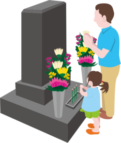 墓参り 父親と小さな娘がお墓参りしているイラスト