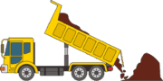 荷台から土砂を下ろしている黄色いダンプカーのイラスト