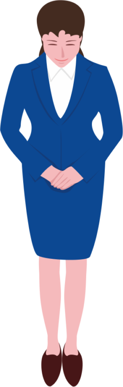 スーツ姿の女性が「いらっしゃいませ」を言っているイラスト