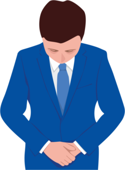「申し訳ございません」と頭を下げている背広姿の男性のイラスト