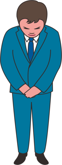 「申し訳ございません」と陳謝している男性のイラスト