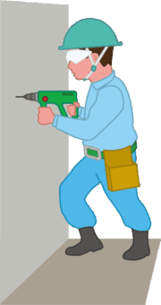 ゴーグルを着用してドリルで穴開け作業を行っている建設作業員のイラスト